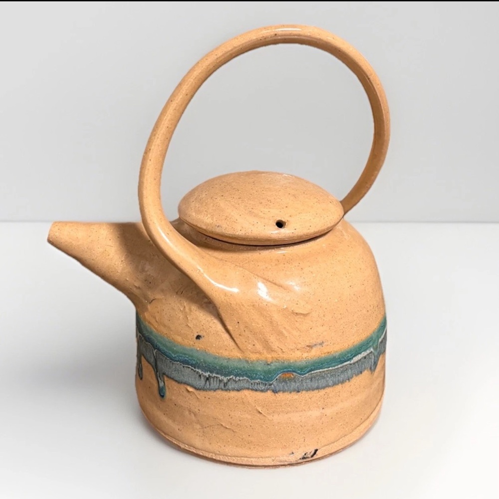 Handmade Vintage Pottery Teapot | Studio Art Ceramic w Twisted Basket Handle